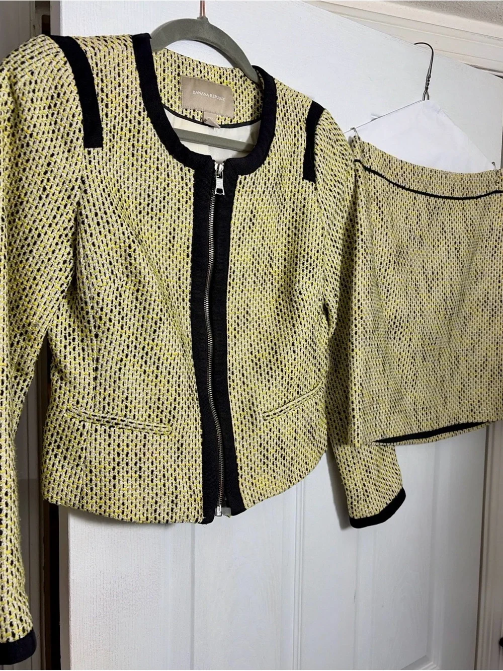 Banana Republic Yellow, Cream & Black Tweed Zip Jacket